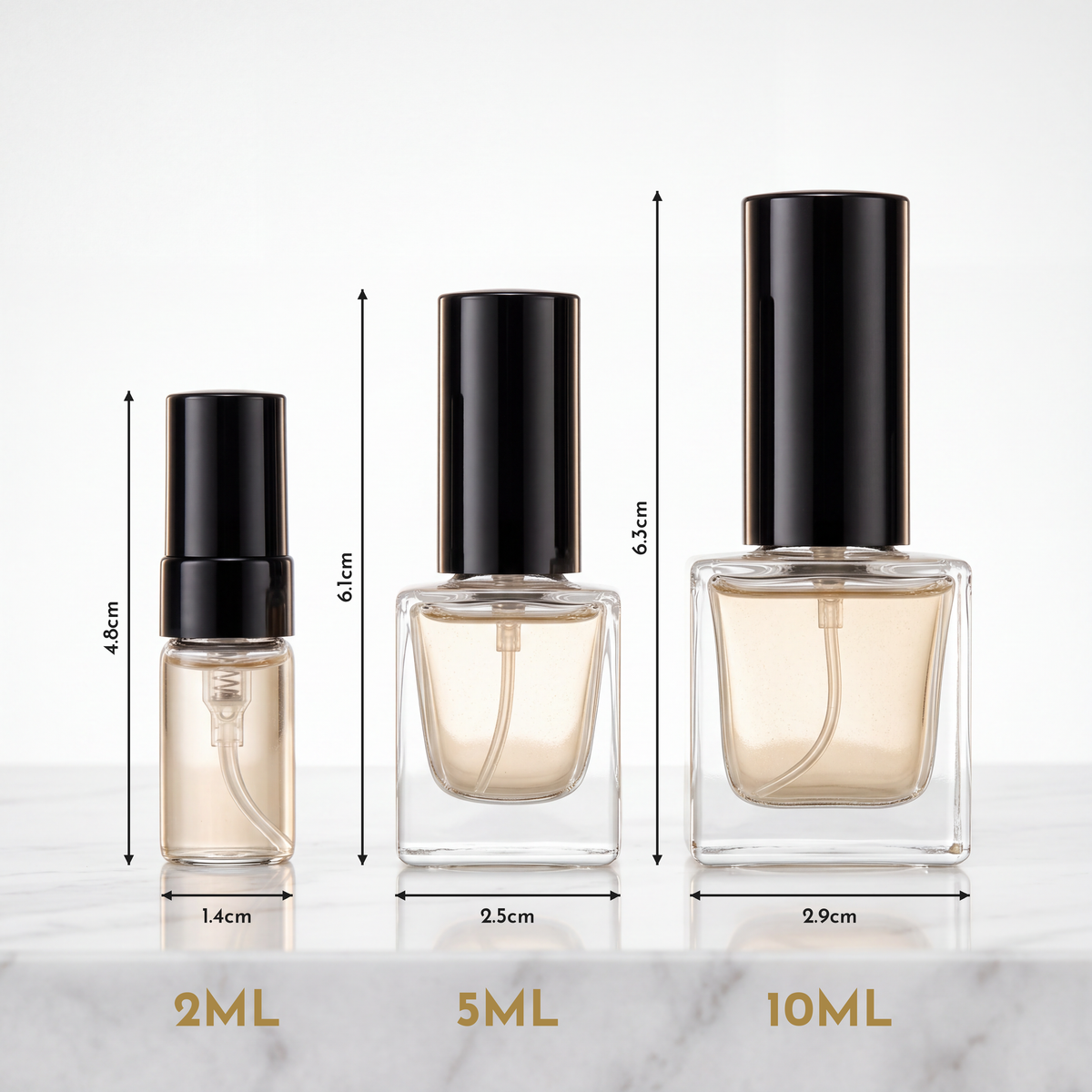 Perfume Sample Lab vial sizes: 2ml, 5ml and 10ml with dimensions
